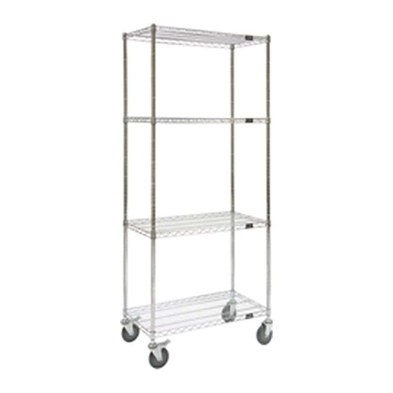Four-shelf chrome wire shelf cart on casters