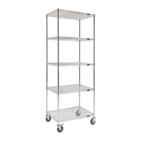 Tall five-shelf chrome wire shelf cart on casters