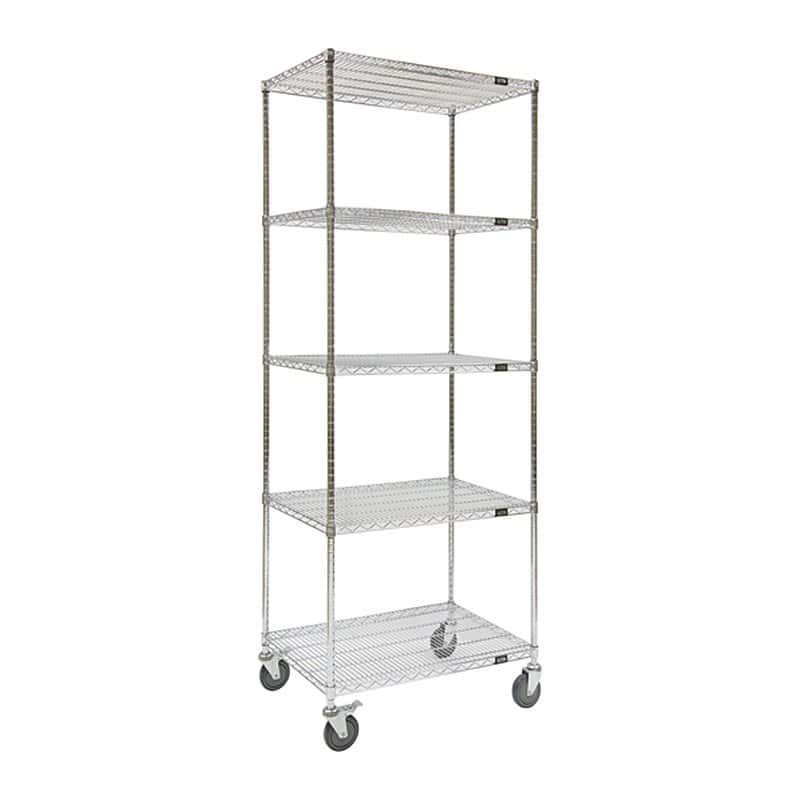 Tall five-shelf chrome wire shelf cart on casters