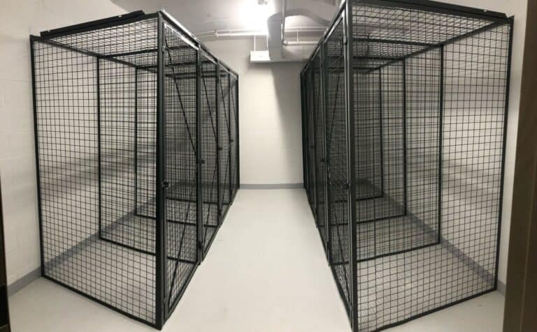 Rows of grey wire mesh condo storage lockers