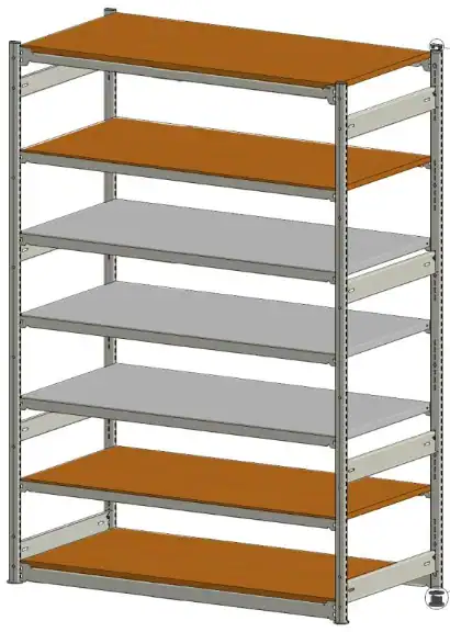 E-Z Rect Trim Line starter shelving bay with closely spaced wood and metal shelf levels