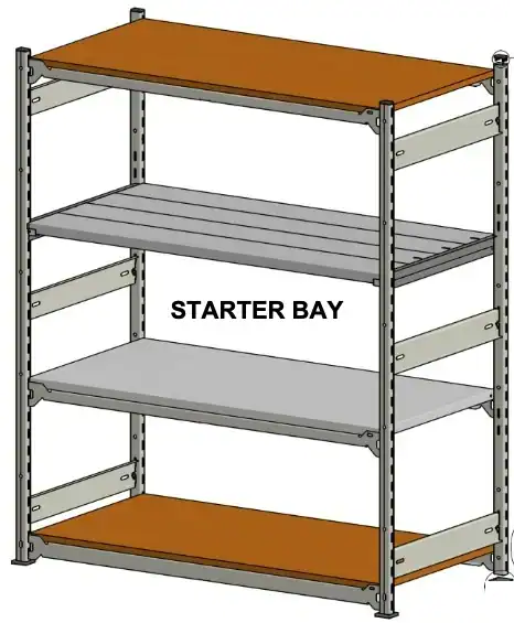 E-Z Rect Type 1 starter bay showing wood, sectional steel and solid steel shelf options