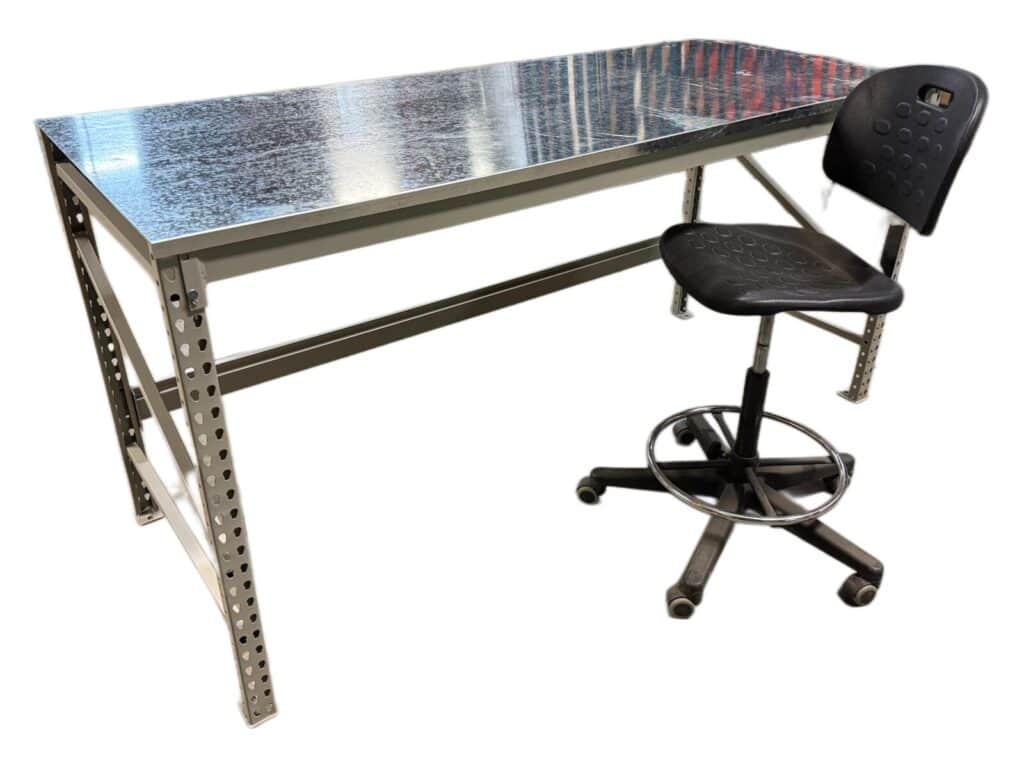 System 800 style workbench with galvanized top and industrial shop stool