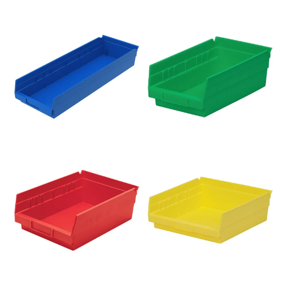 4 inch plastic shelf bins in blue, green, red and yellow