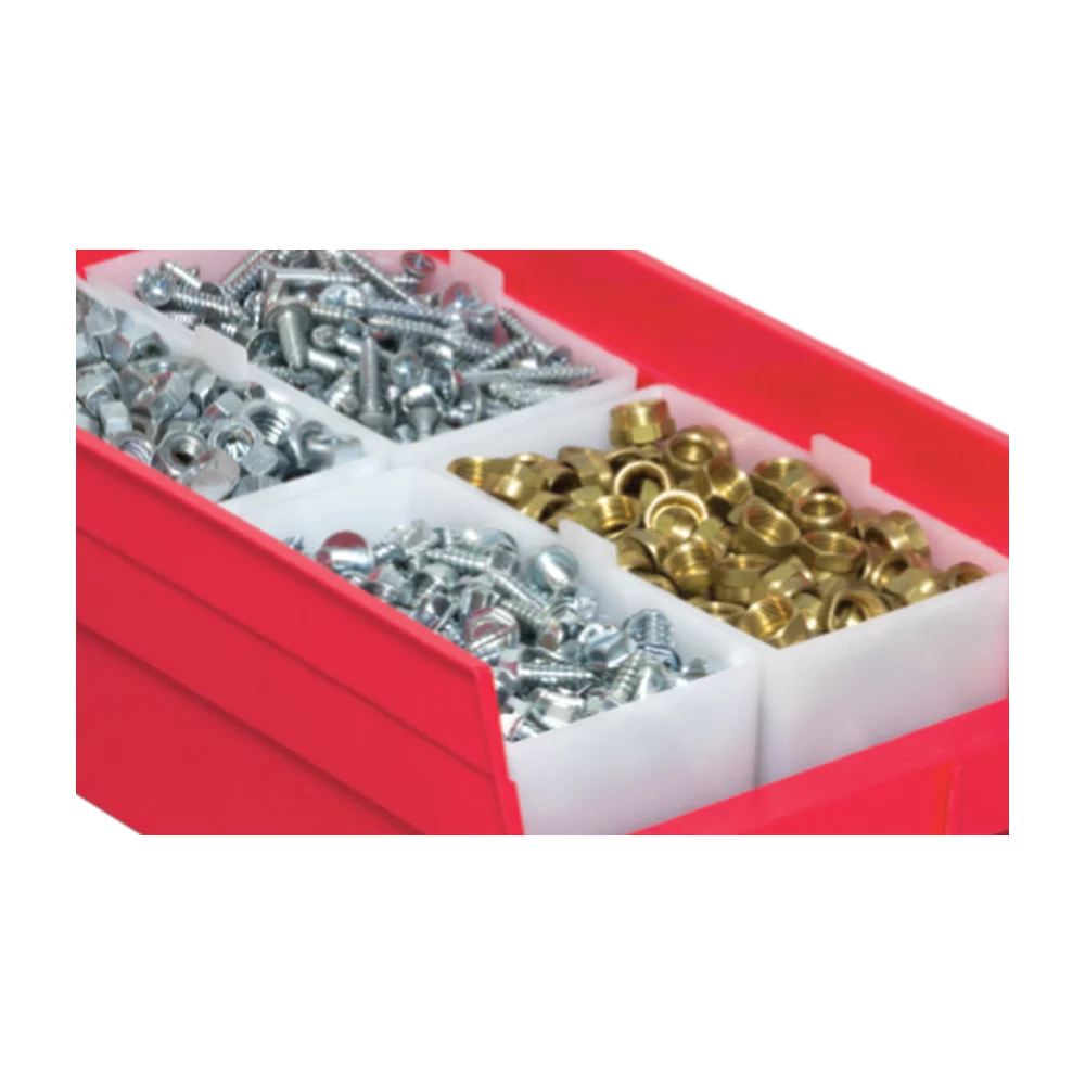 4 inch shelf bin with bin cups holding small parts