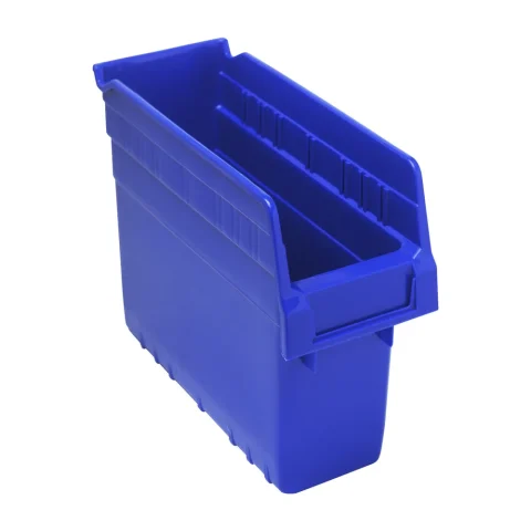 8 inch tall narrow blue plastic shelf bin