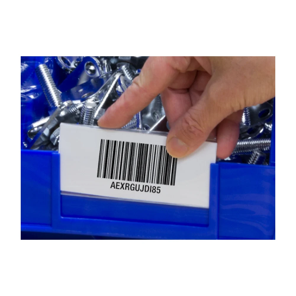 Bar code label in a card stock holder on a blue bin