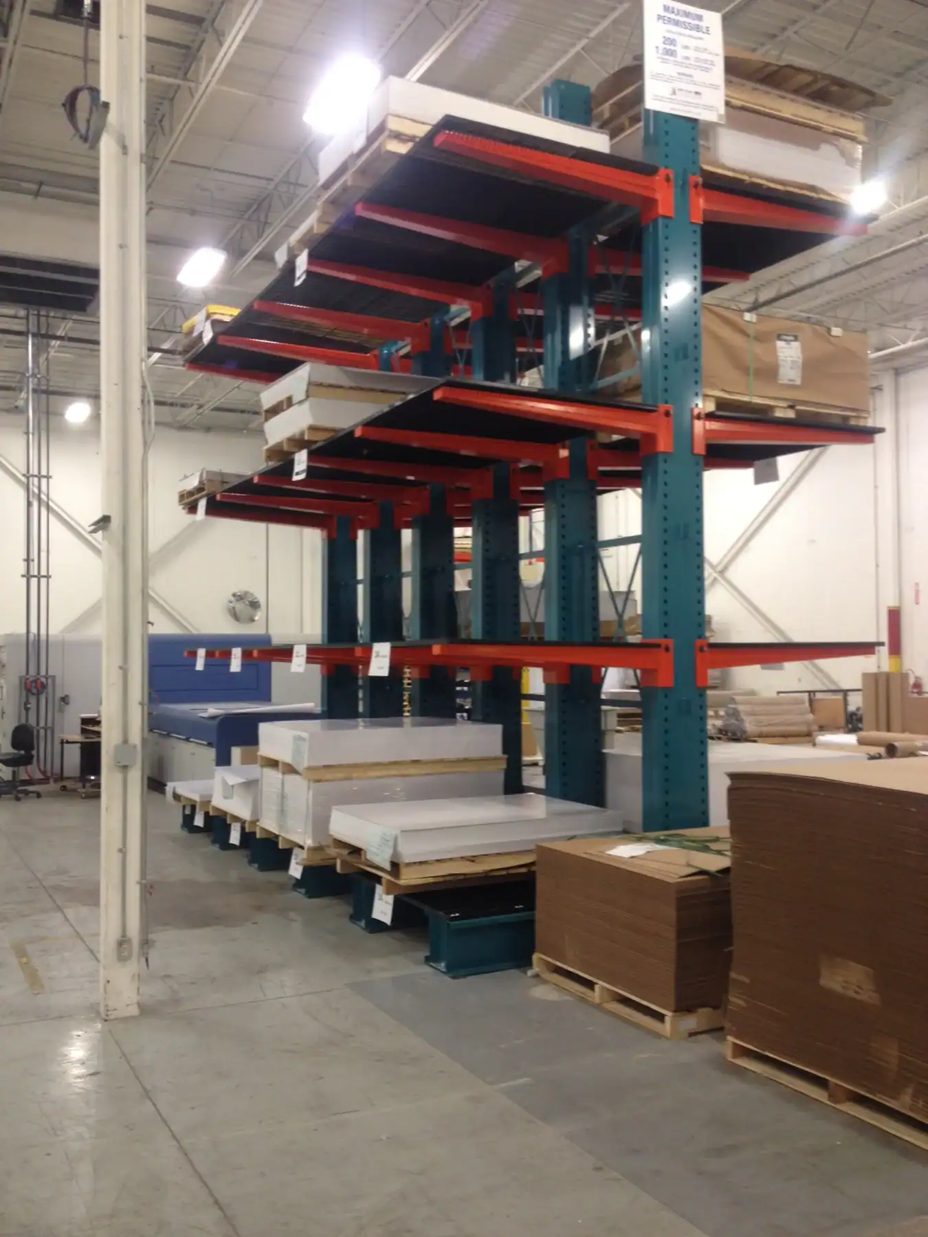 Sheet materials stored on supported cantilever levels