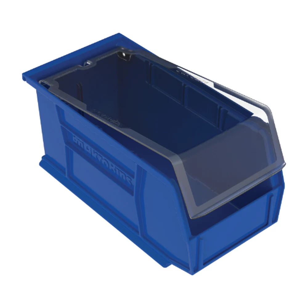 Blue bin fitted with a clear lid