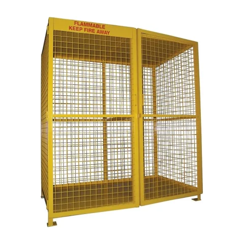 Yellow 20-cylinder gas storage cage with double doors