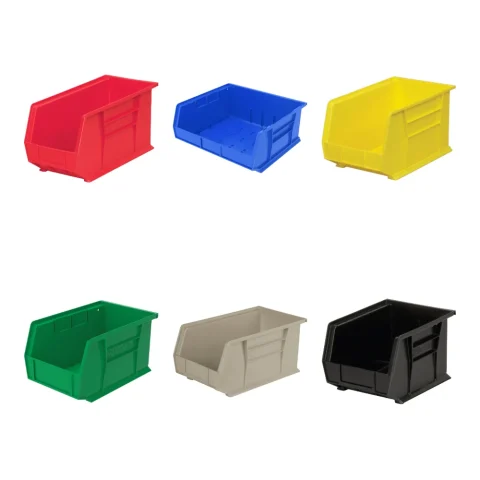 Hanging and stacking bins in red, blue, yellow, green, stone and black