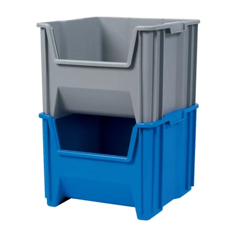 Blue and grey hopper-front stack and store bins stacked