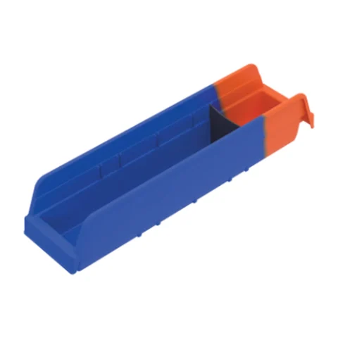 Blue and orange two-colour indicator shelf bin