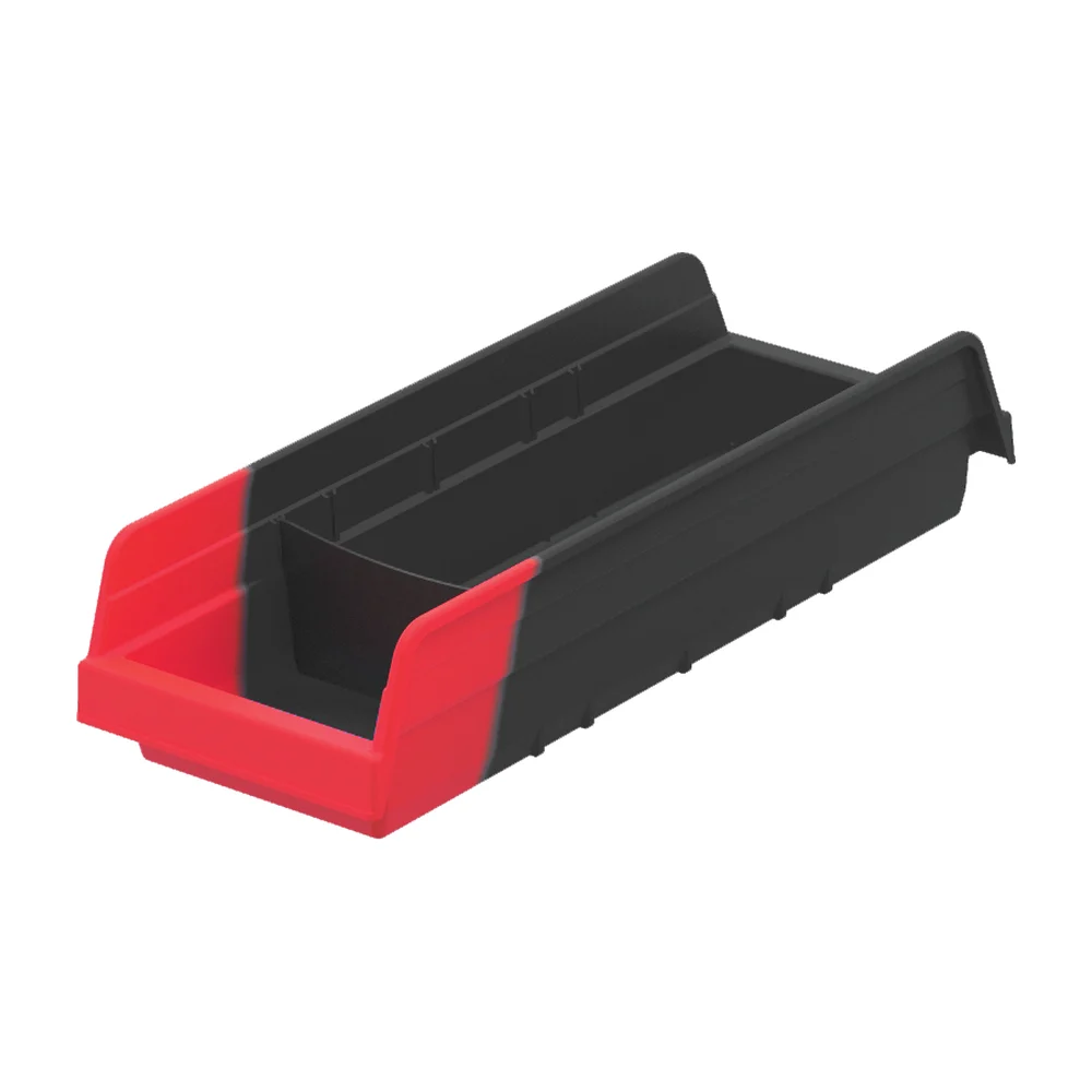 Black and red indicator shelf bin