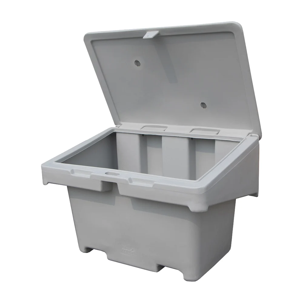 Grey outdoor storage bin with lid open