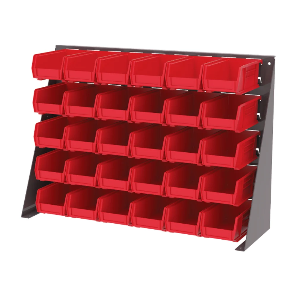 Louvered bench rack loaded with red hanging bins