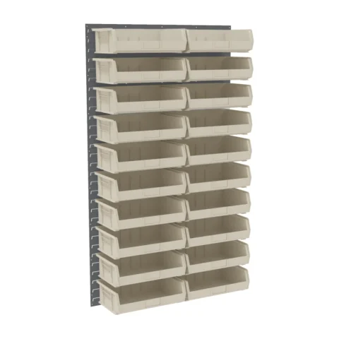 Steel louvered wall panel loaded with hanging bins