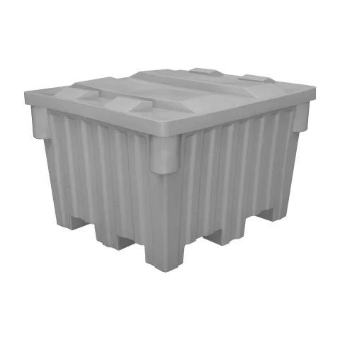 Grey plastic forklift bin with lid