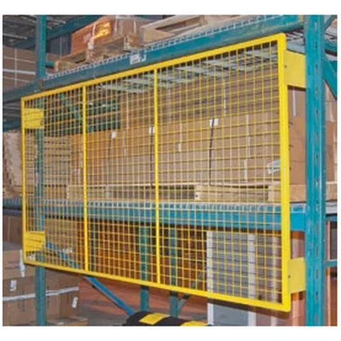 Yellow wire mesh back guard on pallet racking