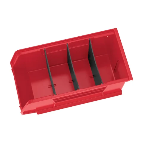 Black length dividers in a red hanging and stacking bin