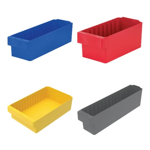 Plastic drawer bins in blue, red, yellow and grey