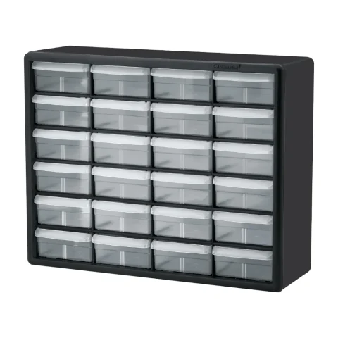Plastic small parts cabinet with 24 clear drawers