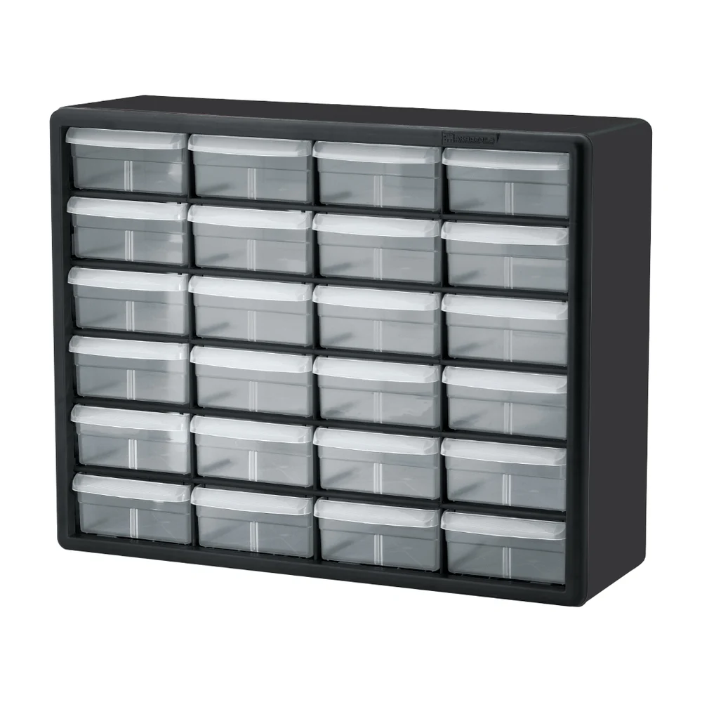 Plastic small parts cabinet with 24 clear drawers