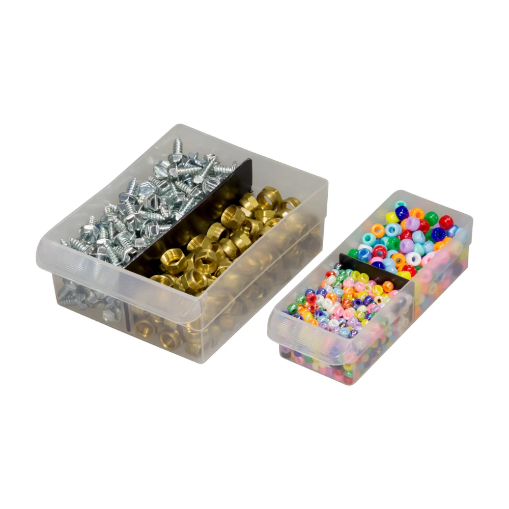 Clear plastic drawers filled with hardware