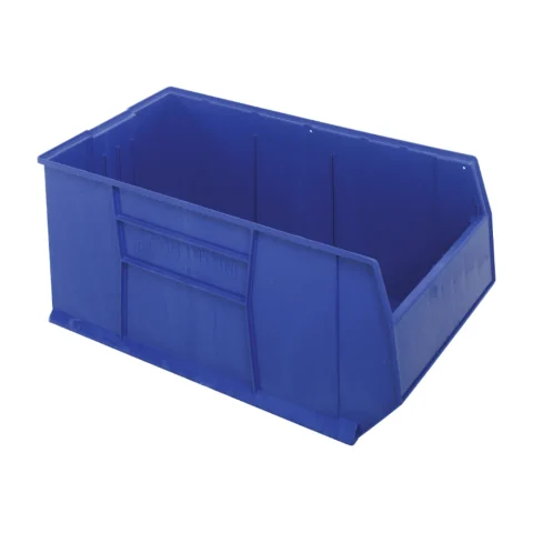 Blue full-length rackable plastic bin for 42 inch deep racking