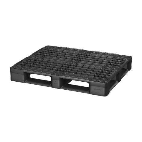 Black rackable plastic pallet with open deck