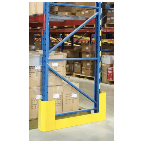 Double wrap racking aisle protector installed at the end of a pallet rack row