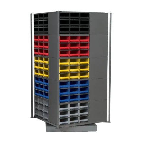 Rotating carousel loaded with steel drawer cabinets