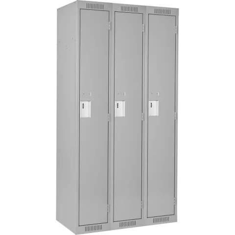 Single-Tier Steel Lockers JFBJ153: style Basic; bank of 3; overall w × d × h (in) 36 × 18 × 72
