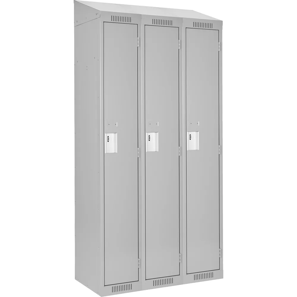 Single-Tier Steel Lockers JFBJ178: style Slope top; bank of 3; overall w × d × h (in) 36 × 18 × 78