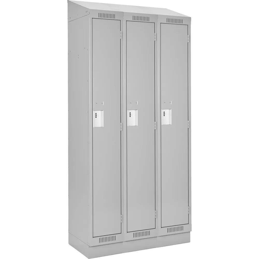 Single-Tier Steel Lockers JFBJ202: style Slope top + recessed base; bank of 3; overall w × d × h (in) 36 × 18 × 82