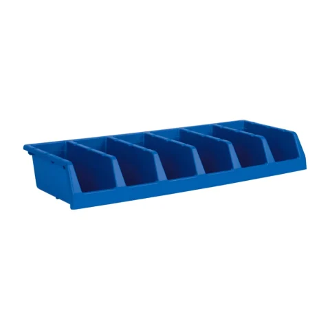 Blue six-compartment one-piece system shelf bin