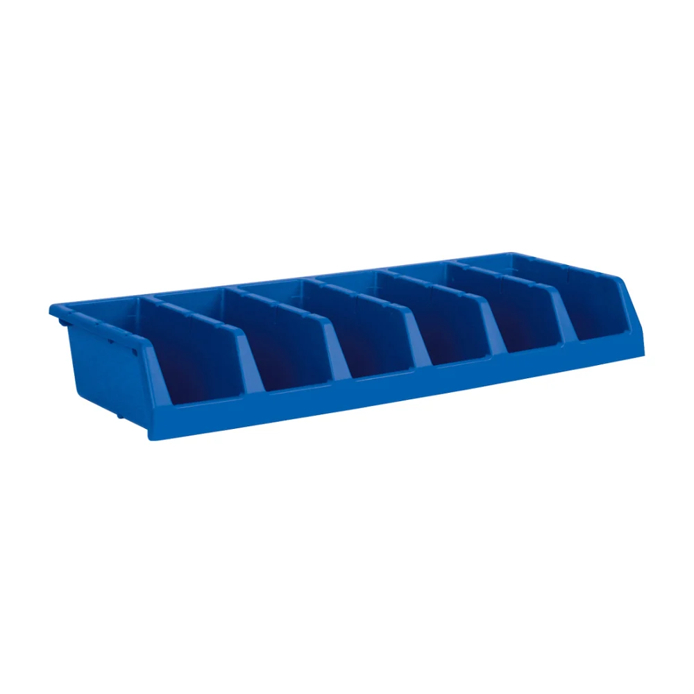 Blue six-compartment one-piece system shelf bin