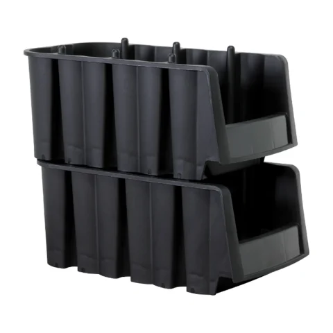 Two black stack-nest economy shelf bins stacked