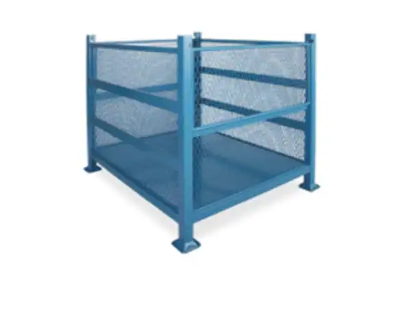 Rigid steel stacking container with mesh sides and solid base