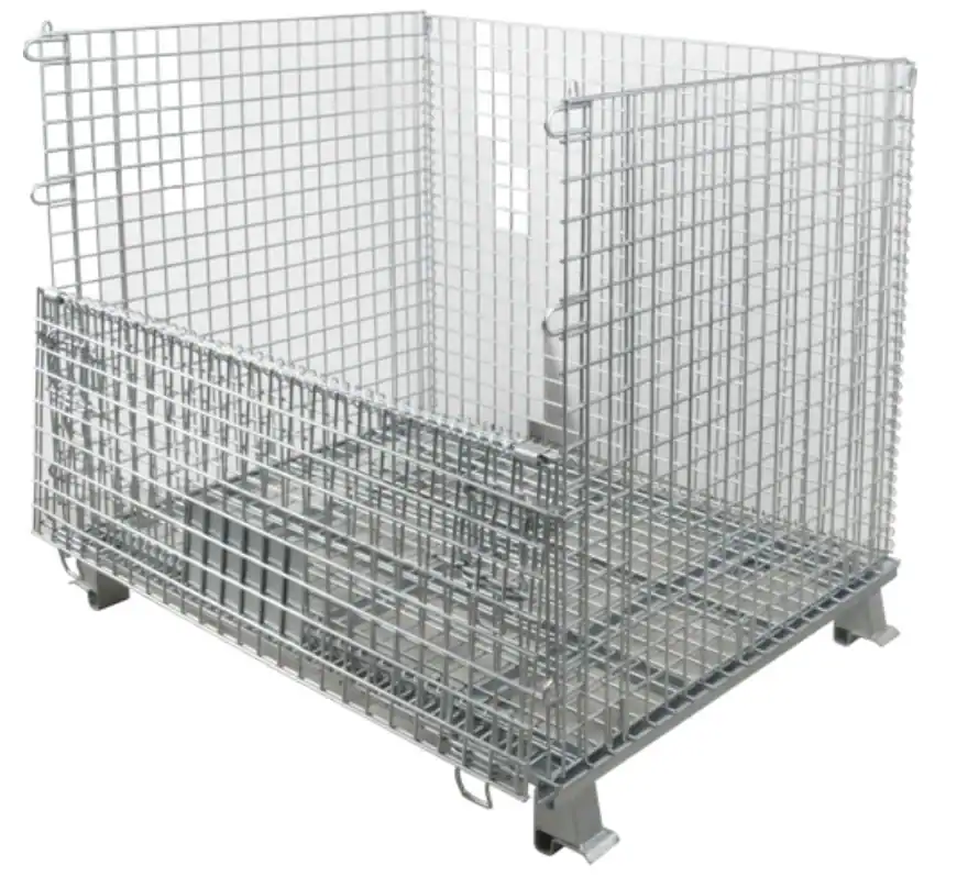 Collapsible wire container with front drop gate open