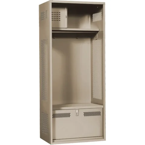 Standard Welded Gear Lockers JFBJ897: configuration With foot locker and lower shelf; colour Beige; w × d × h (in) 24 × 24 × 72