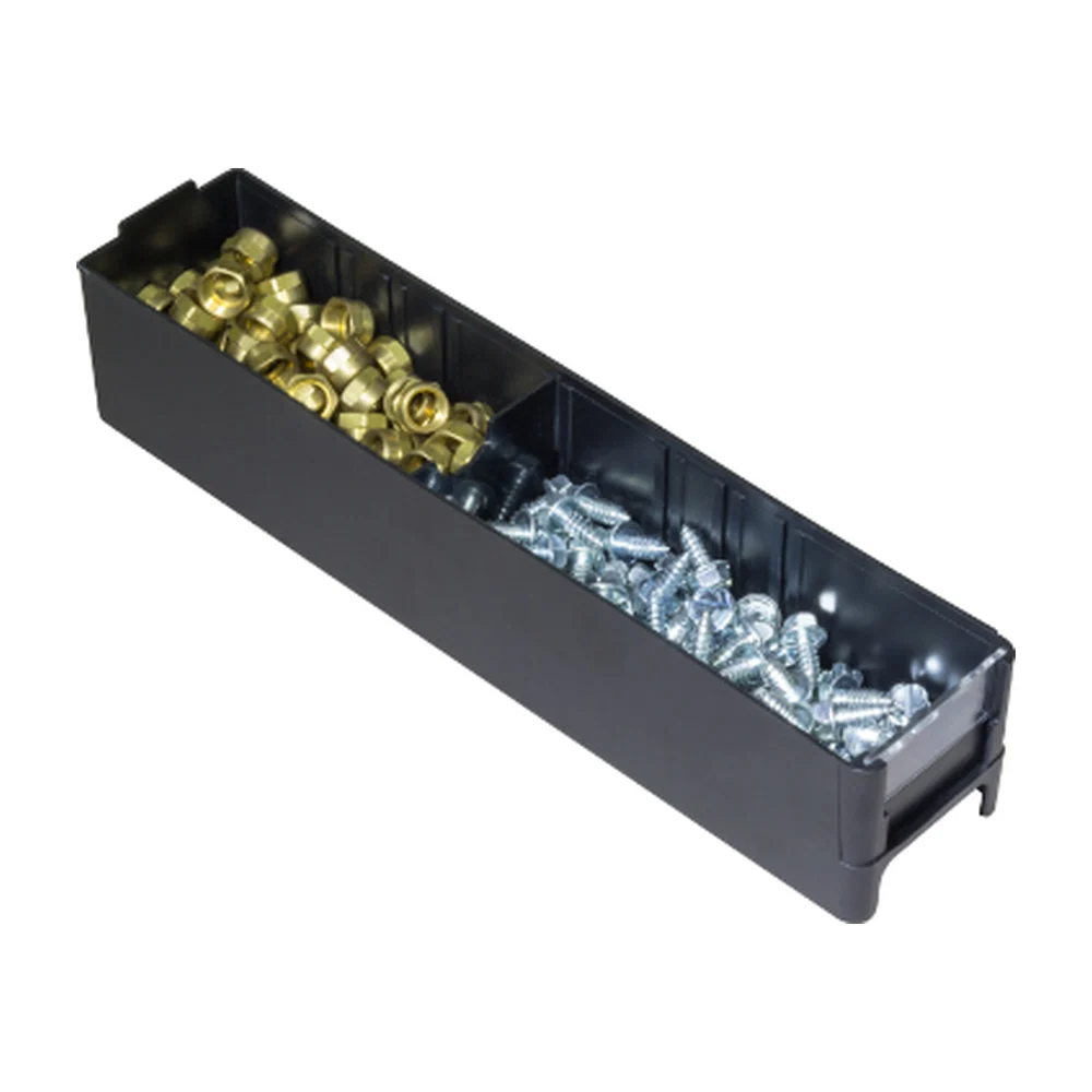 Plastic drawer from steel cabinet holding hardware