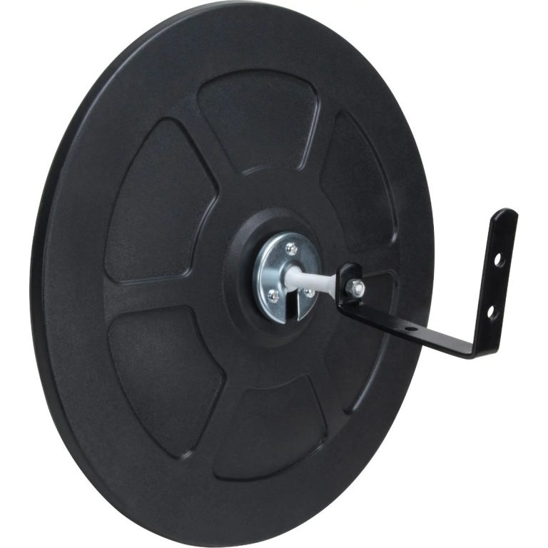 Back of a black convex mirror showing the installation bracket