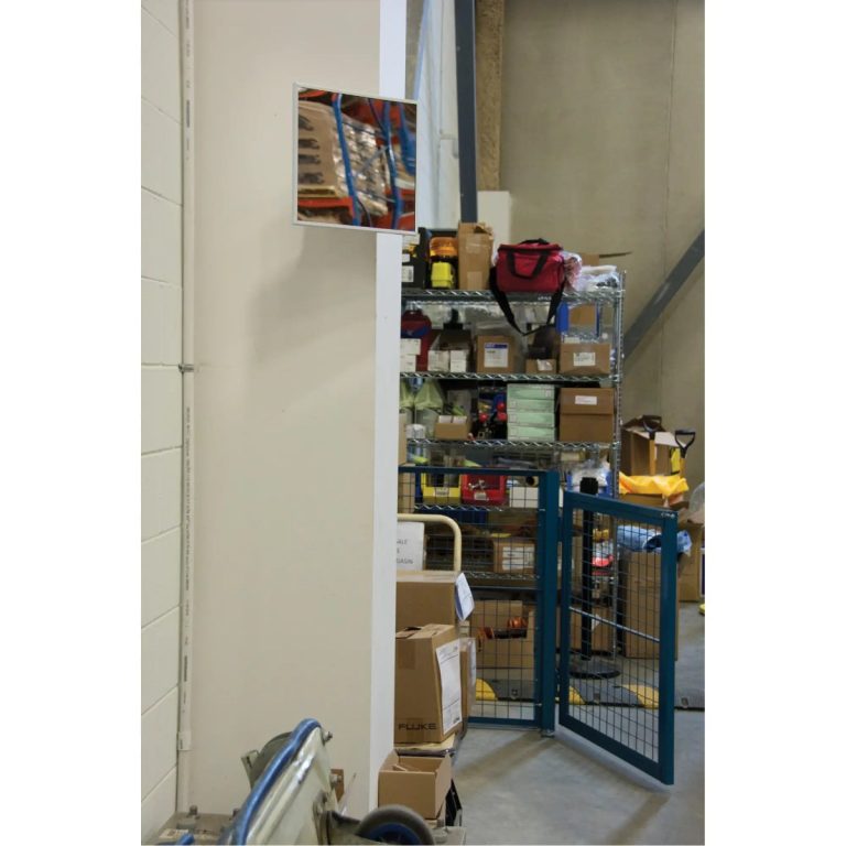 Framed flat mirror installed at the end of an aisle