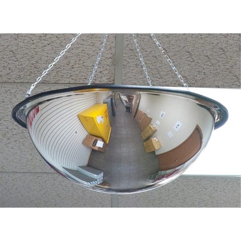 JSBEJ875 360 degree full dome safety mirror hanging from a warehouse ceiling