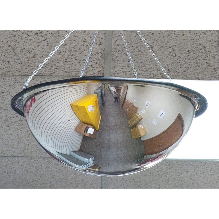 JSBEJ875 360 degree full dome safety mirror hanging from a warehouse ceiling