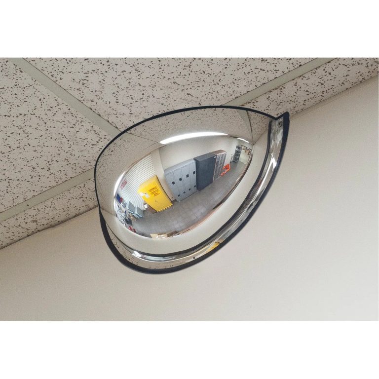JSBEJ879 180 degree half dome mirror mounted on a wall at ceiling height