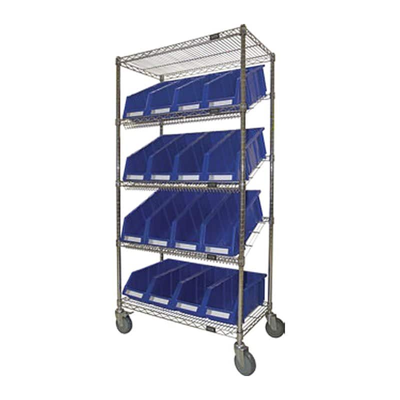 Slanted wire shelf cart loaded with blue storage bins
