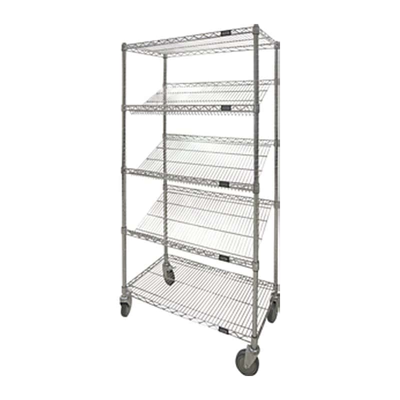 Mobile slanted wire shelf cart on casters