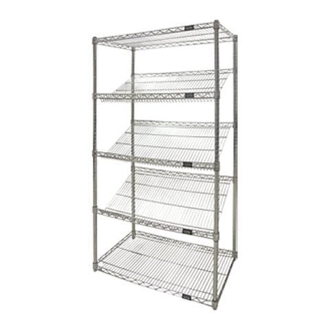 Slanted wire shelving unit with angled and flat shelves